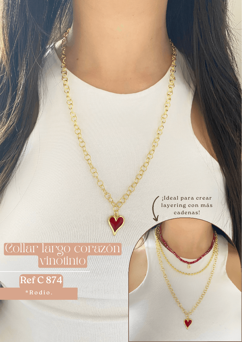 Collar largo corazón vinotinto