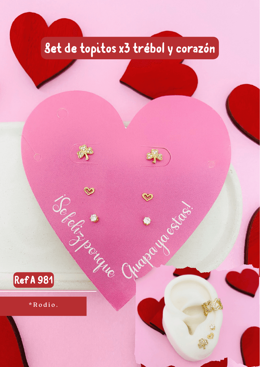 Set de topitos x3 trébol y corazón
